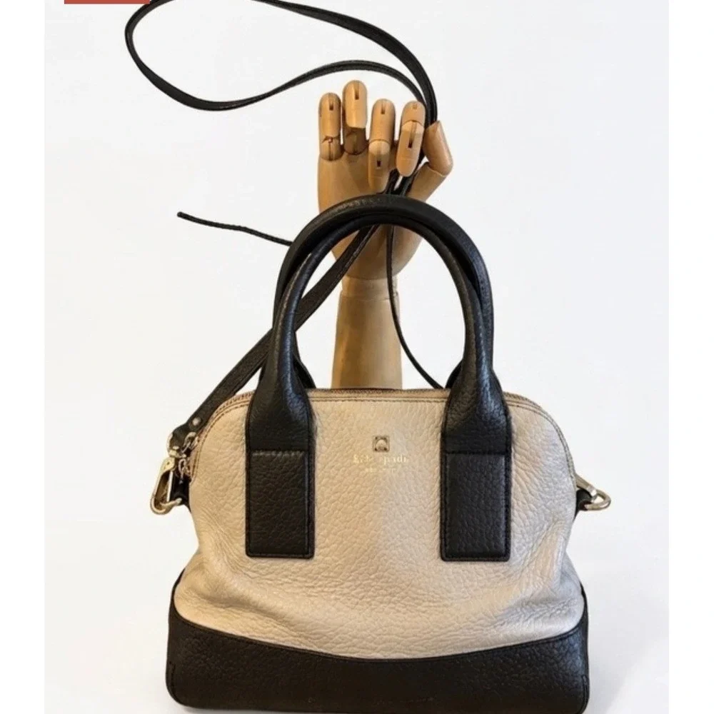 Kate Spade New York Pebbled Leather Colorblock Satchel Crossbody Bag Beige Black